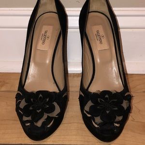Valentino Suede Peep Toe Flower Pumps